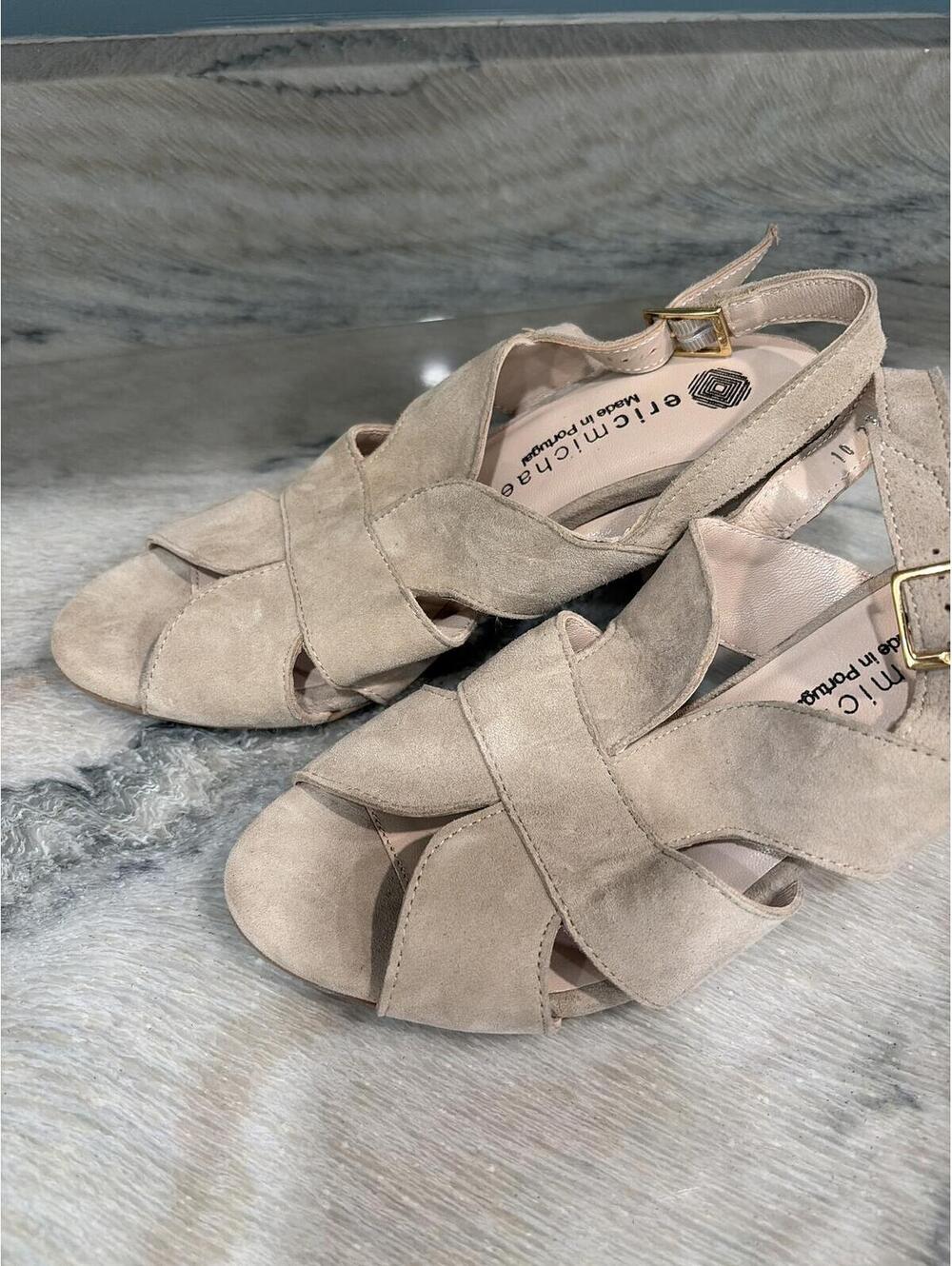 Eric Michael Beige Suede Crisscross Block Heel Sandals Size 37